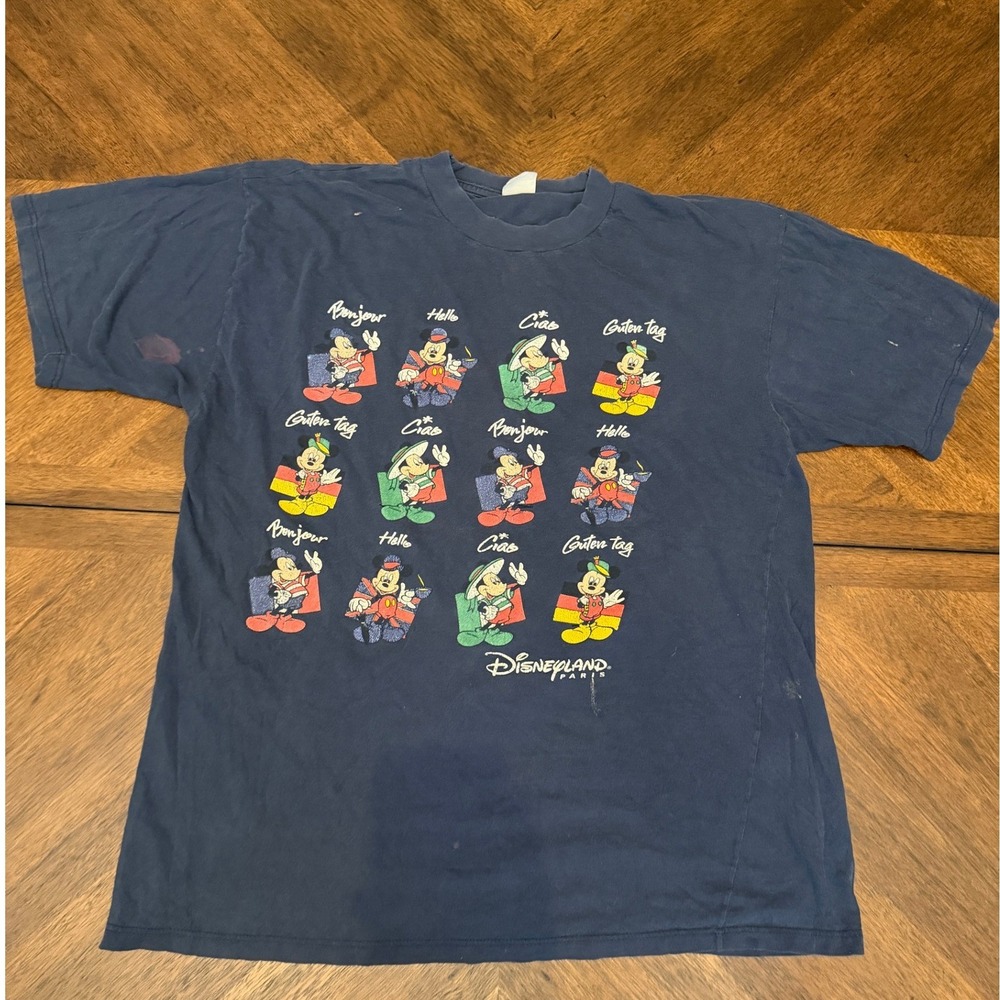 Vintage Disneyland Paris Mickey Mouse Greetings Navy Blue Graphic T-Shirt L‎